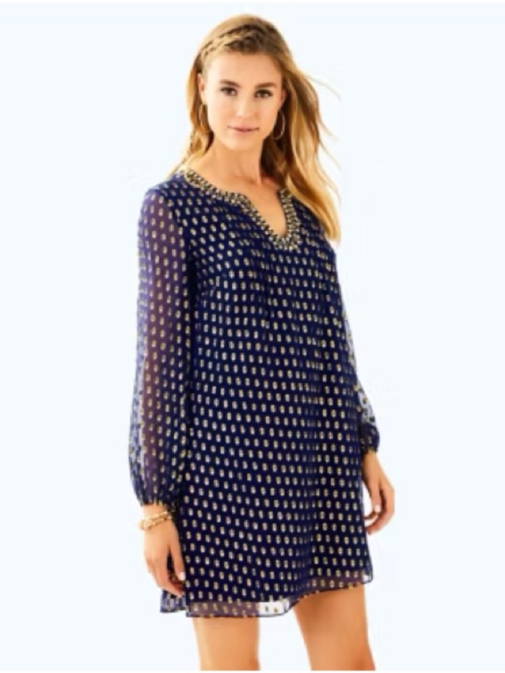 Lilly Pulitzer Colby Silk Metallic Gold Tunic Dress Navy Size